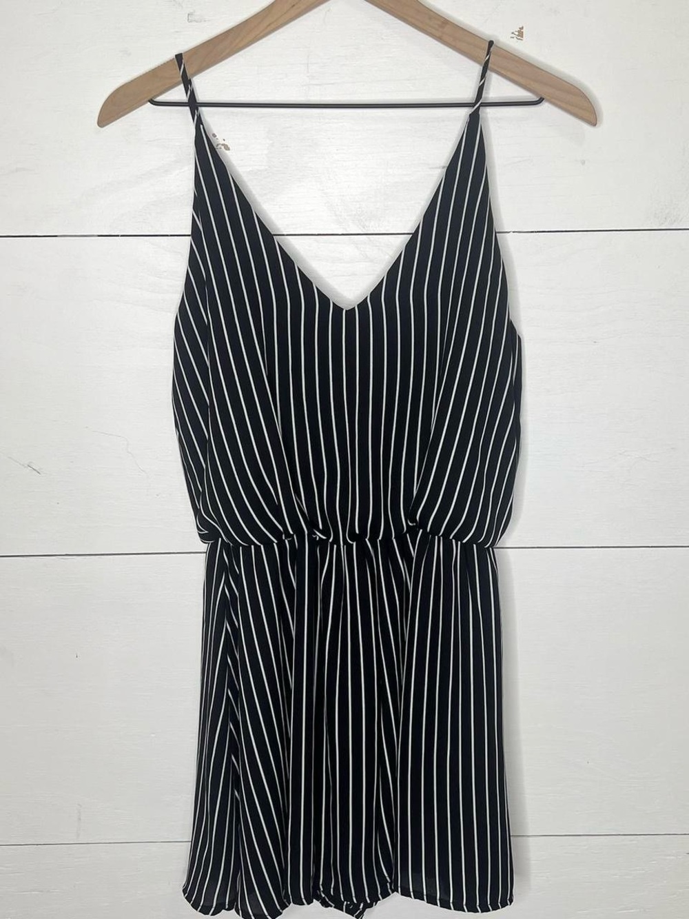 Final Touch • Black & White Striped Spaghetti Strap Wrap Romper Size Small